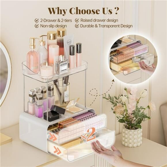 Clear Acrylic Makeup Organizer 2 Tier Vanity Drawer Skincare Storage - Picture 3 of 7